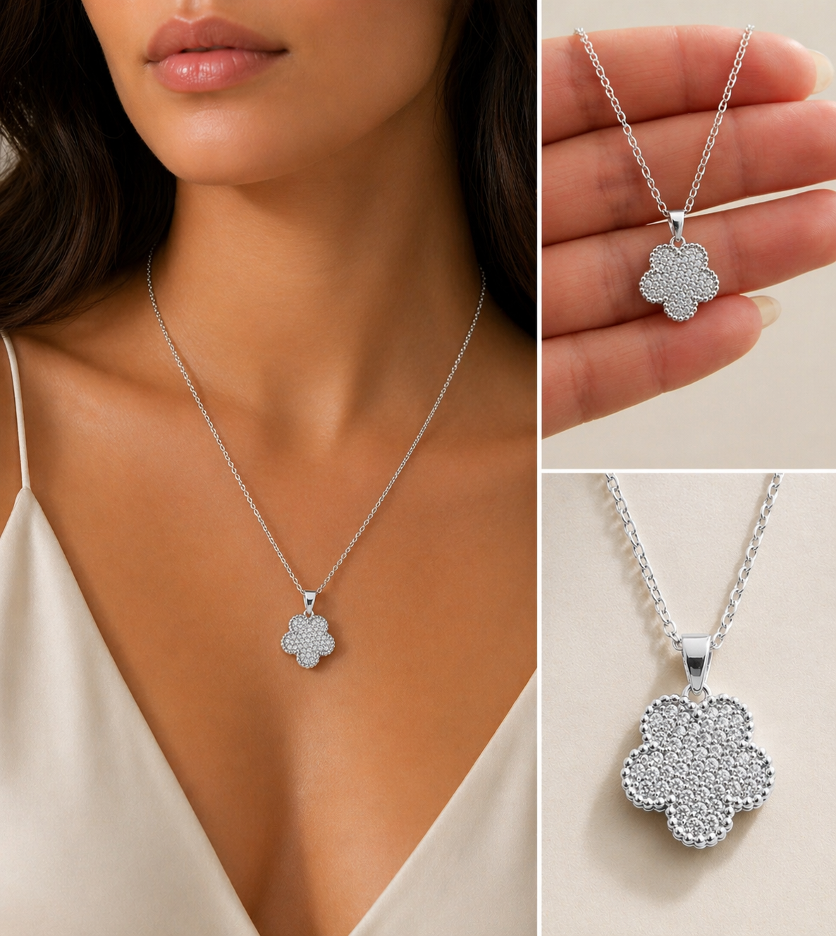 Silver necklace with a clover-shaped pendant worn by a model, held in hand, and shown on a plain background.