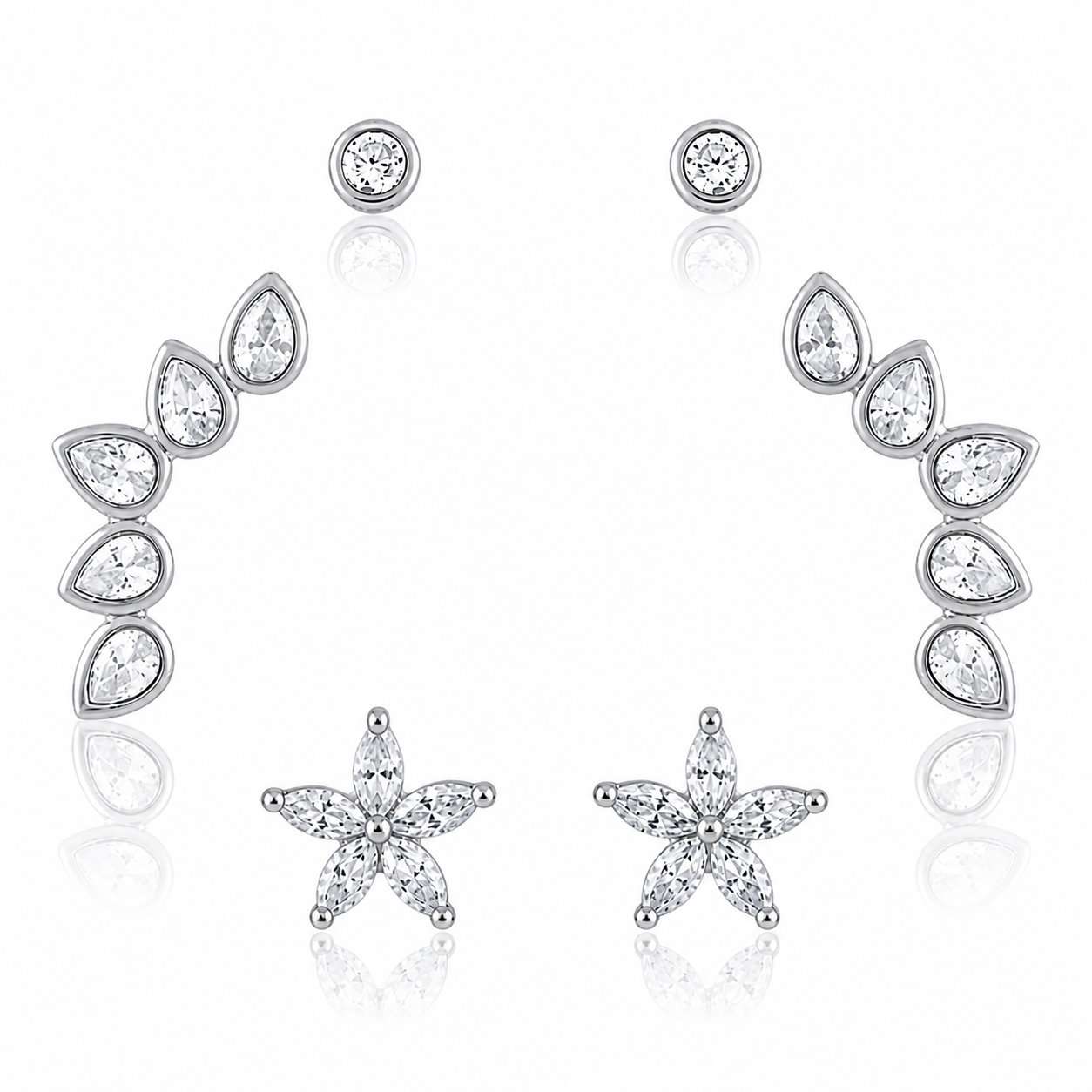 Silver multi earring set flower studs round studs and climber earrings minimalist everyday jewelry