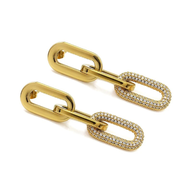 Gold pave statement dangle earrings Jenna 2.5 inch chic elegant drop earrings for special occasions