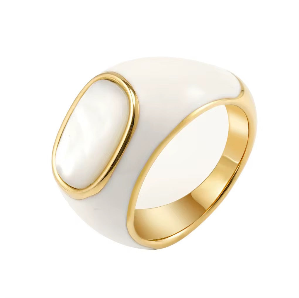 Mother of Pearl Enamel Signet Ring
