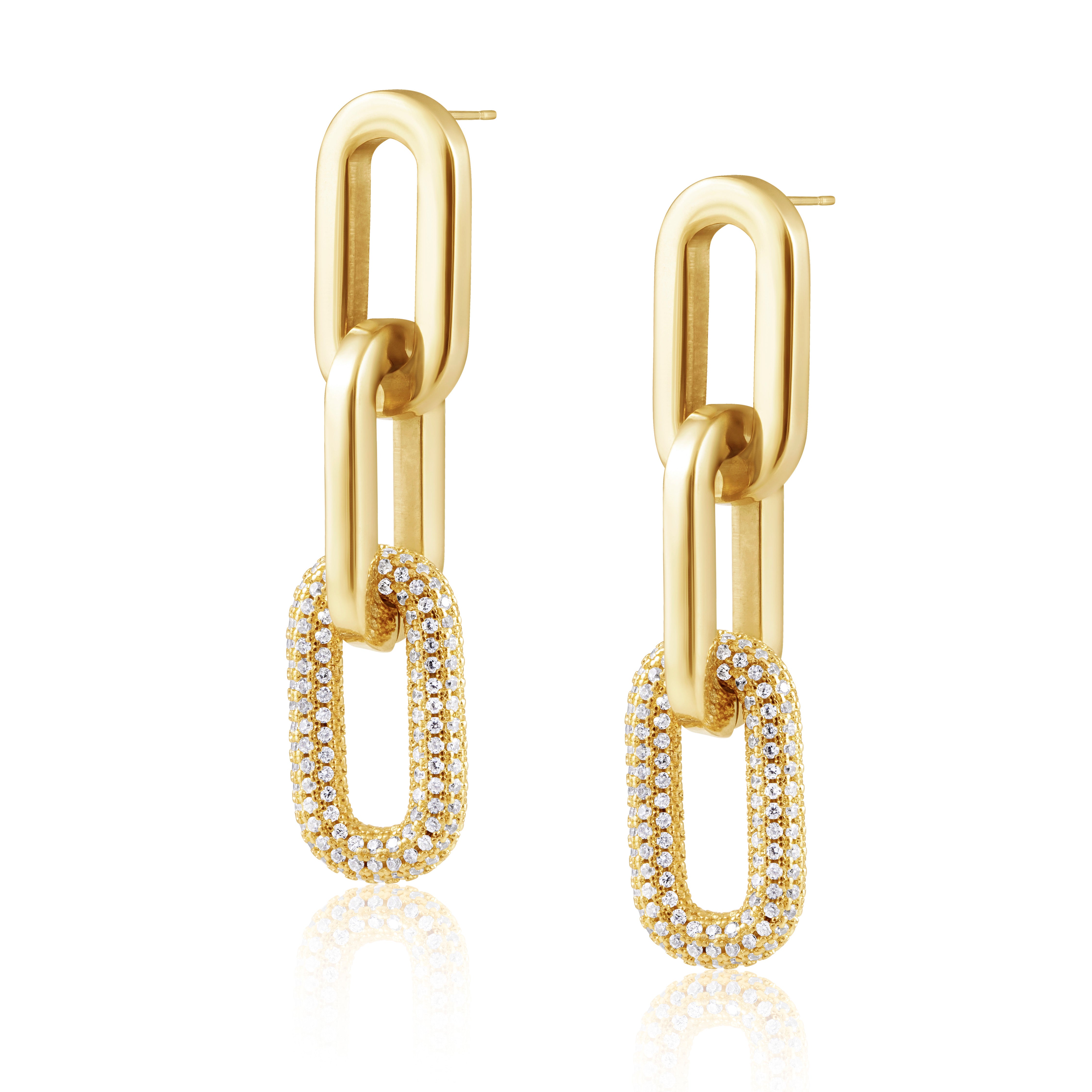 Jenna pave drop earrings gold 18K gold plated over sterling silver 2.5 inch hypoallergenic water and tarnish resistant