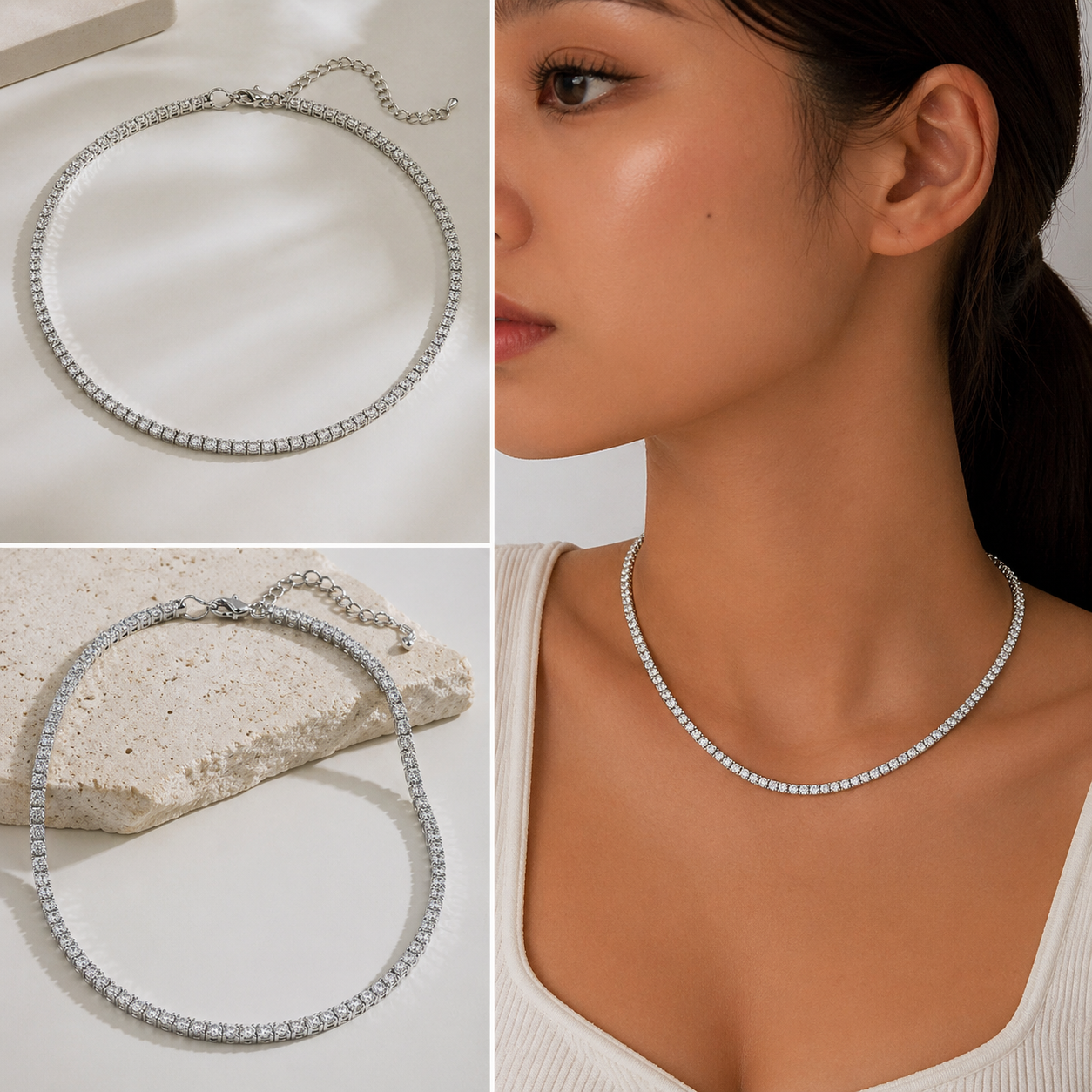 Close-up of cubic zirconia tennis necklace showing detailed sparkle and stone setting