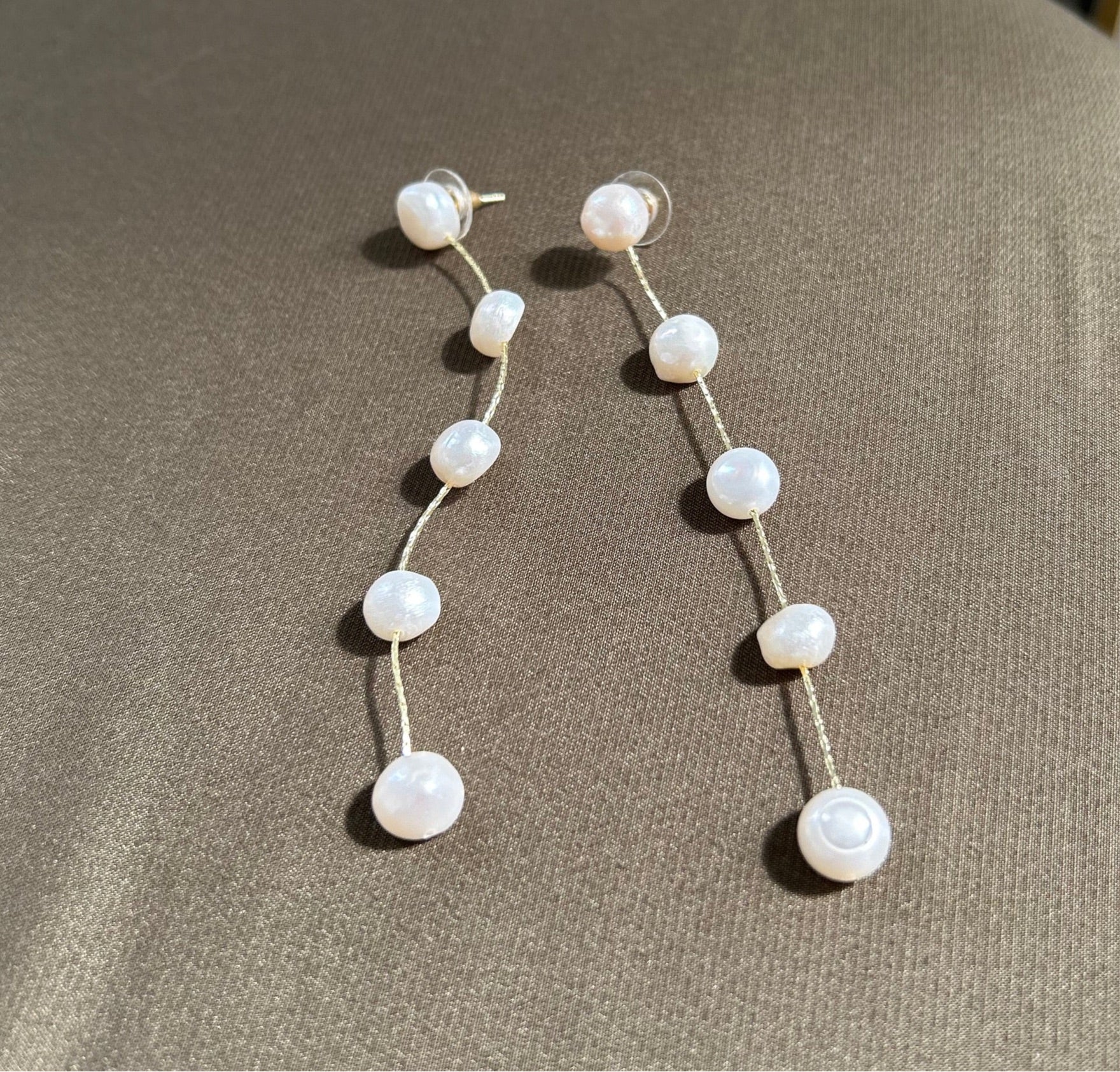 Long pearl drop earrings gold plated over sterling silver bold elegant statement earrings