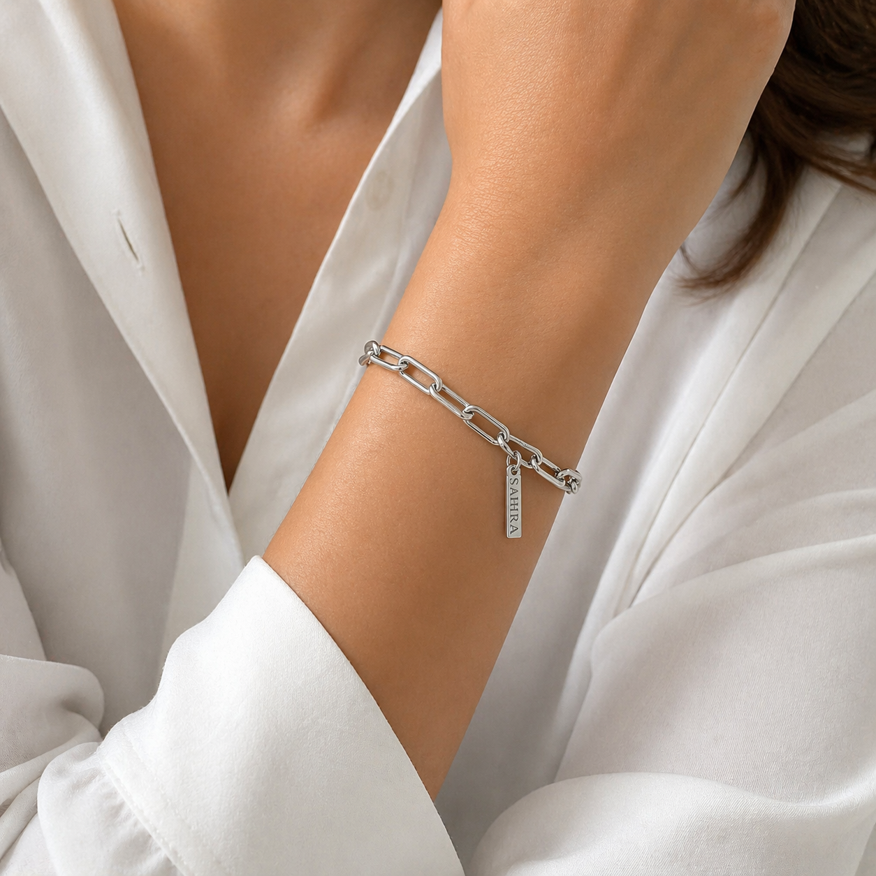 Carrie paperclip link bracelet in sleek metal, modern chain design perfect for special occasions and everyday elegance