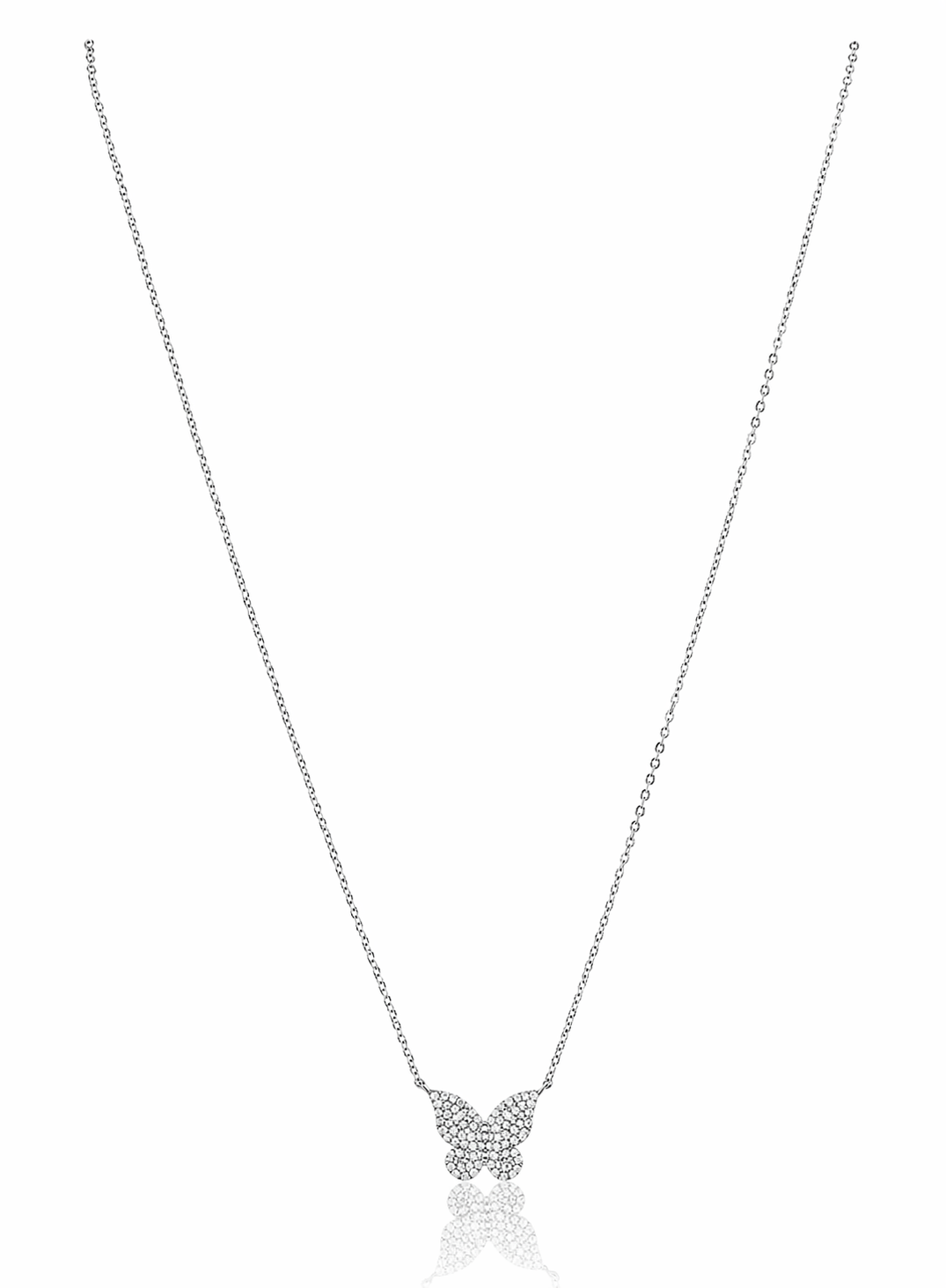 Silver necklace with a delicate butterfly pendant on a white background