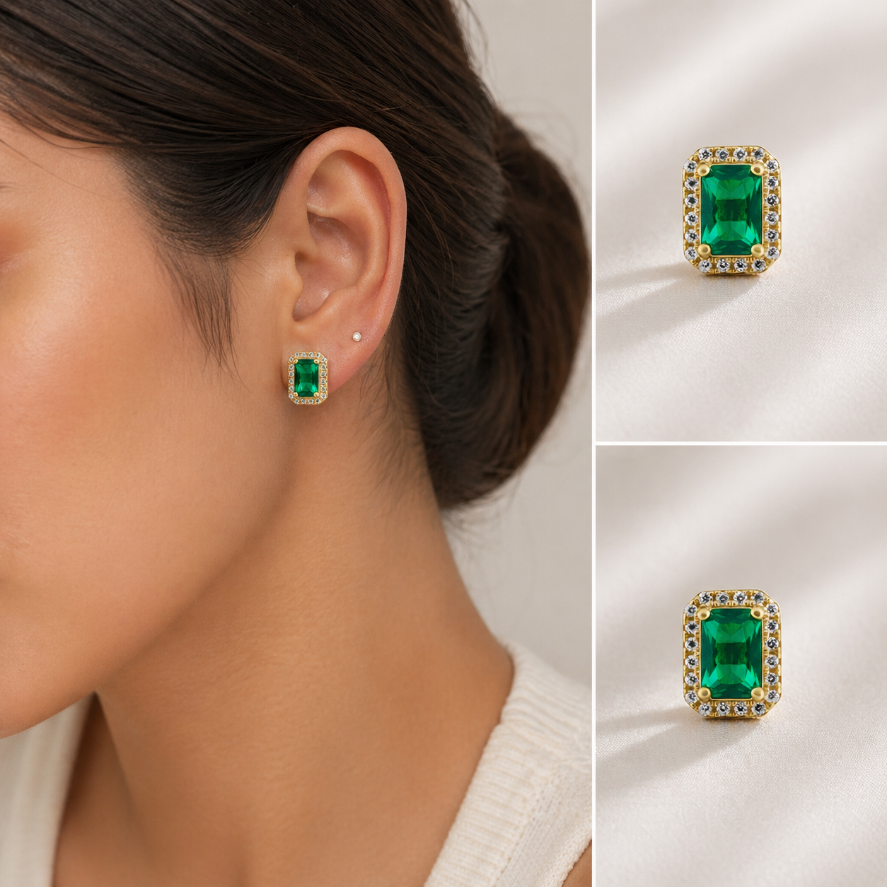 Emerald green rectangular stud earrings with cubic zirconia halo worn on model in a classic elegant design