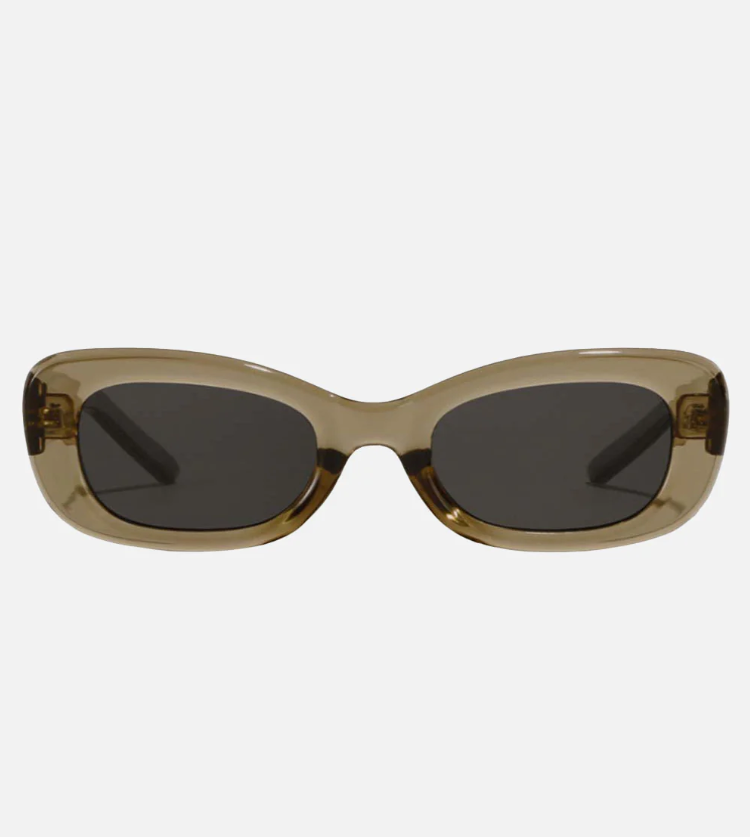 Olive green rectangular polarized sunglasses featuring a translucent frame, dark tinted lenses, and subtle silver star embellishments.