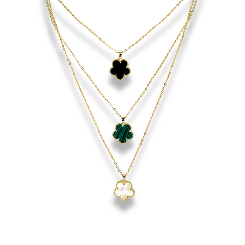 clover necklace, mother of pearl necklace, onyx clover, malachite clover necklace