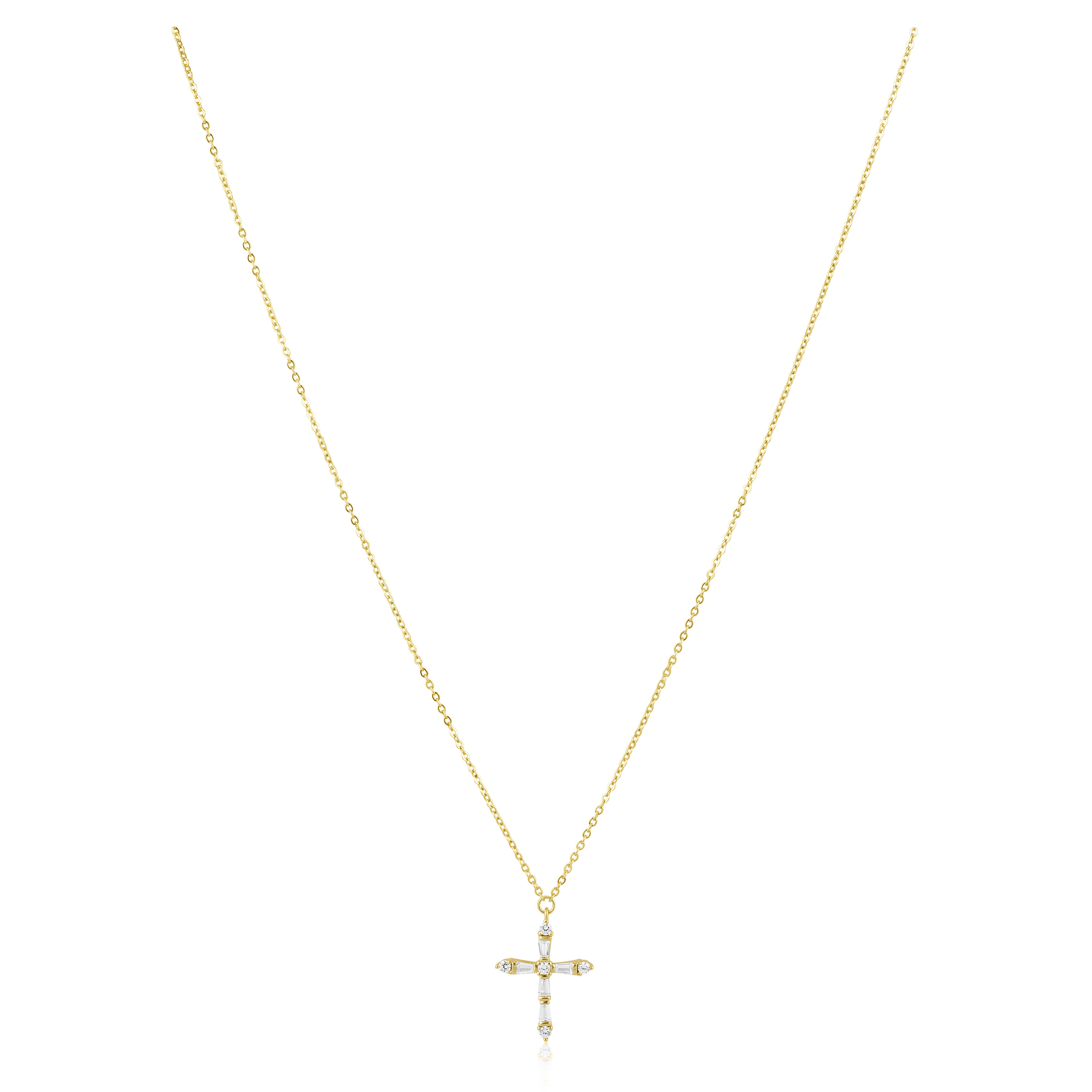18k gold plated CZ cross necklace on stainless steel, dainty religious pendant with adjustable chain for everyday wear and special occasions