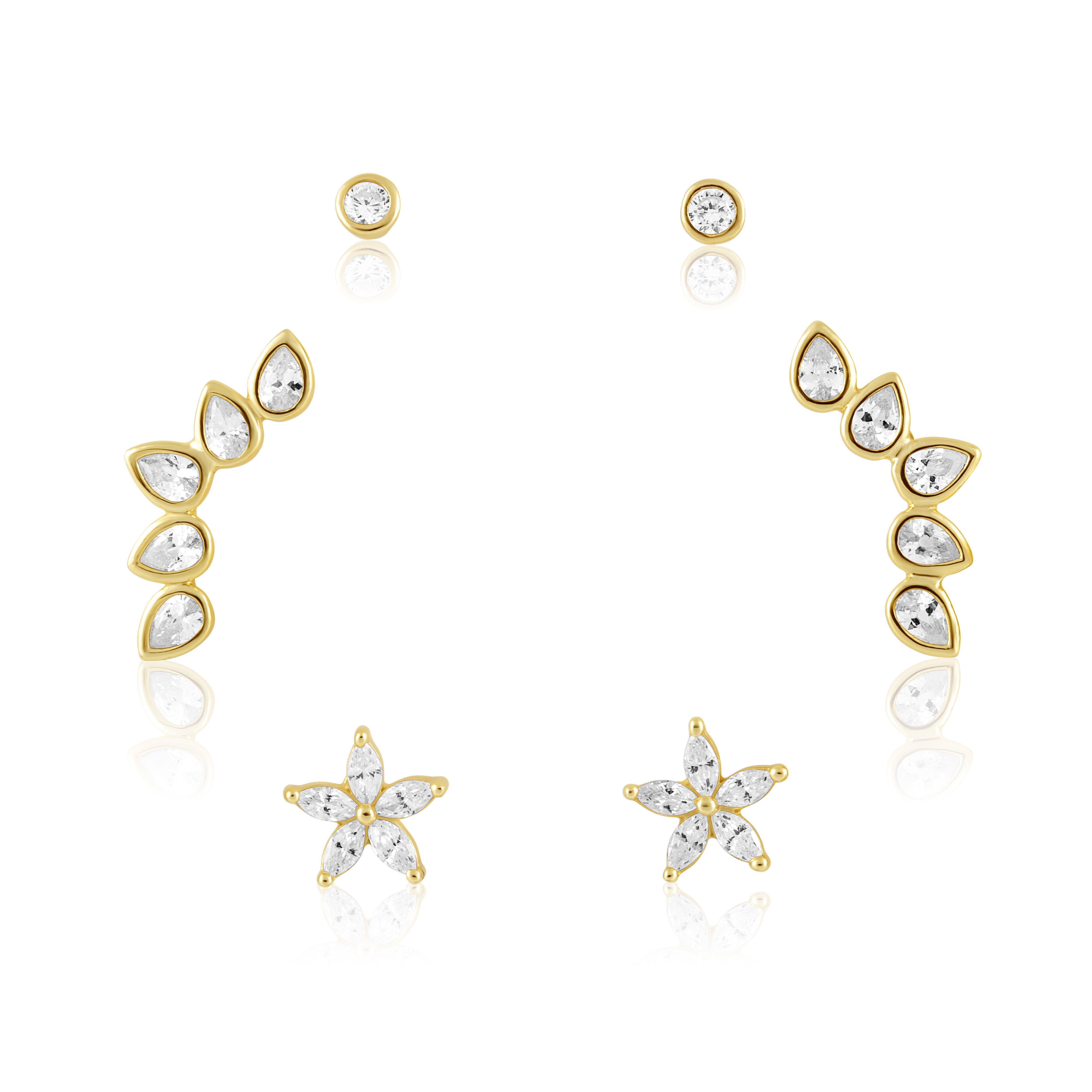 Gold CZ earring set stackable studs and climber earrings floral and teardrop design