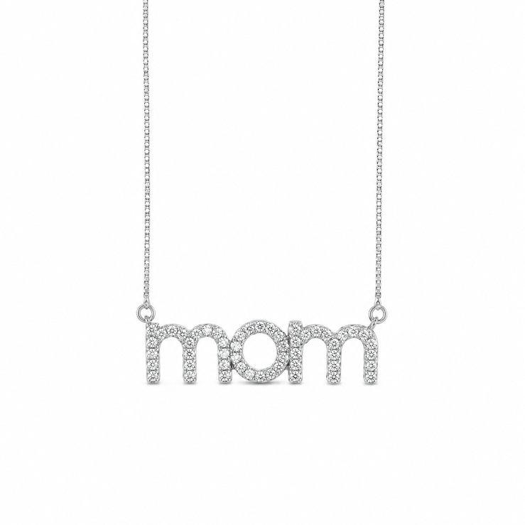 Silver mom necklace with pavé CZ stones on a delicate chain, elegant personalized jewelry perfect for everyday wear and meaningful gifts