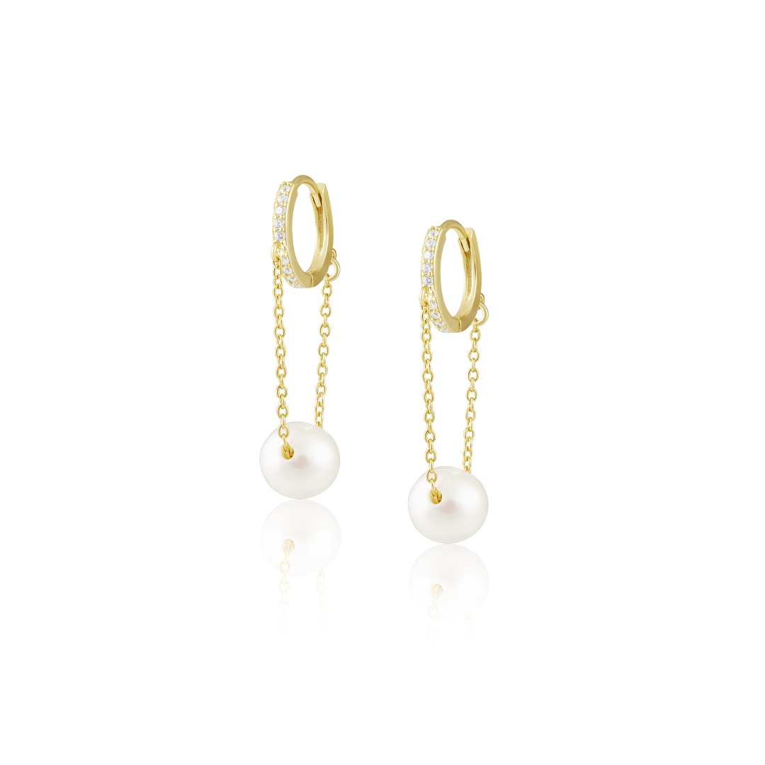 Hillary pearl chain huggies gold 18K plated over sterling silver 2 inch hypoallergenic water and tarnish resistant