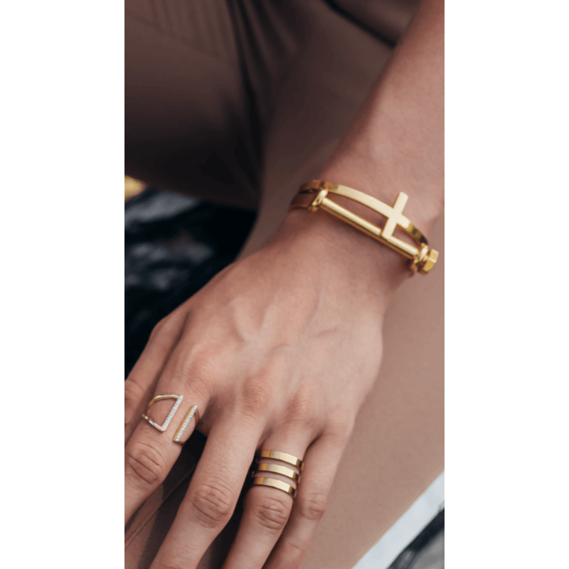 sahira jewelry design, gold cuff, gold side cross bracelet, gold cross bangle, 